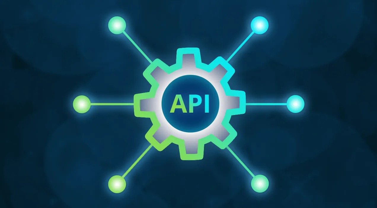 Glowing lines connecting circular nodes to central cog which contains the letters API