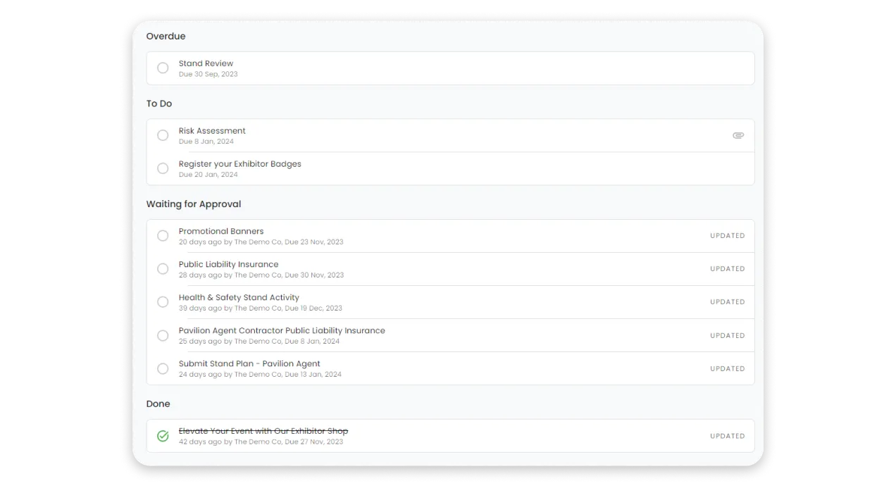 Custom task list showing overdue, to do, waiting for approval, and done