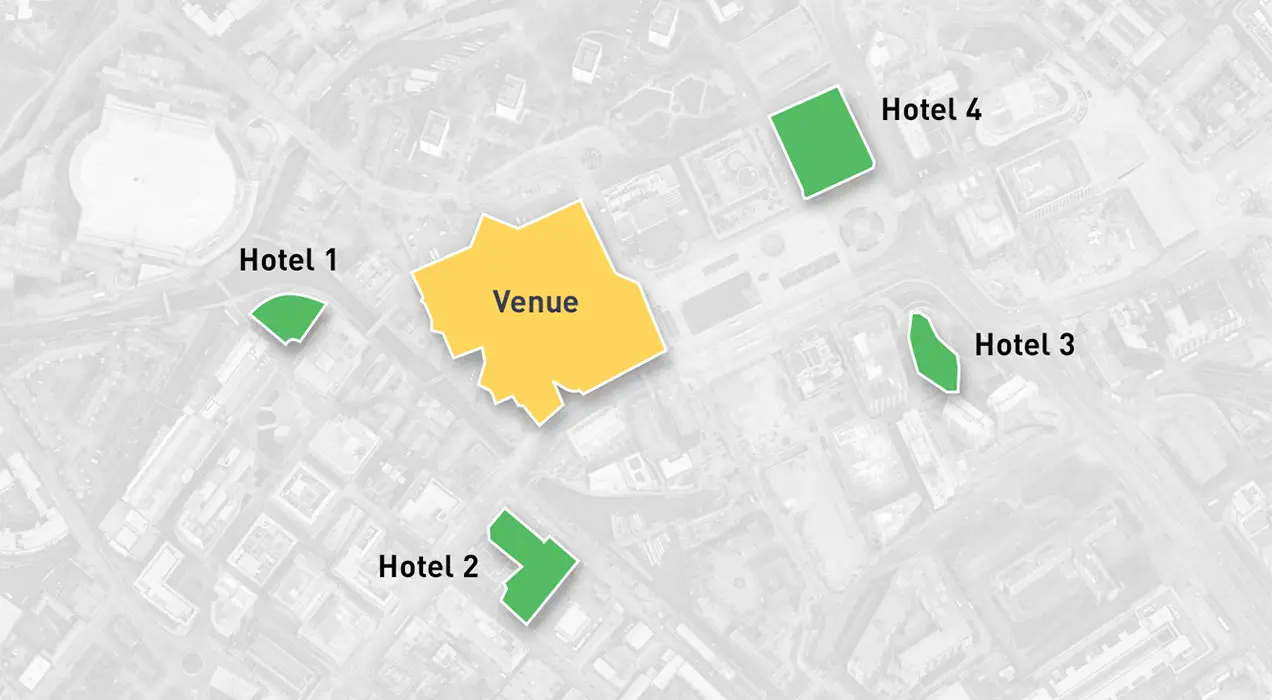 Map with event venue and four hotels highlighted